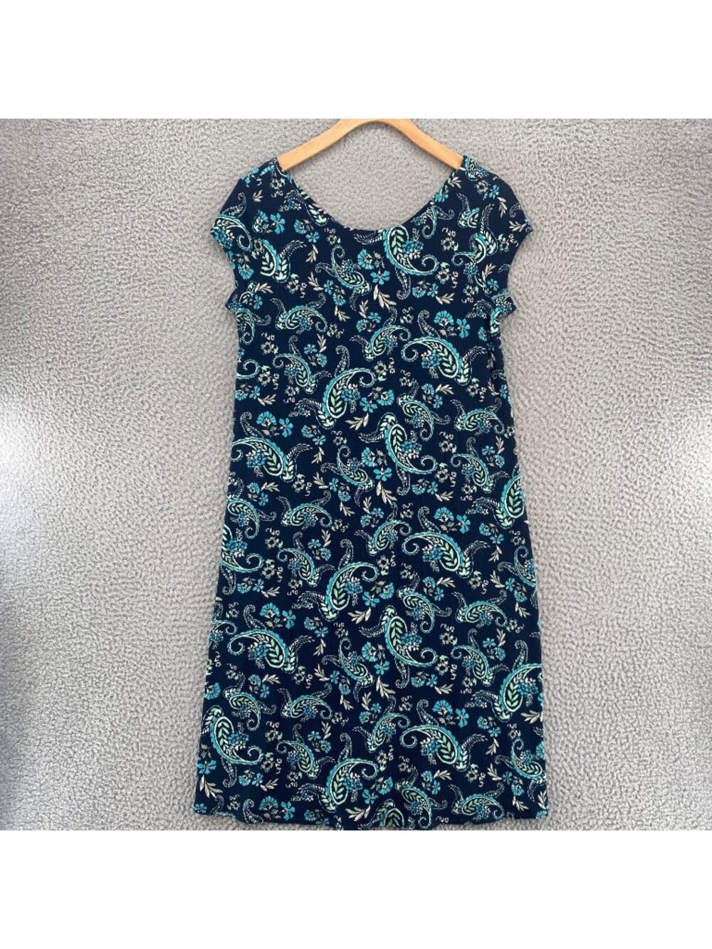 J Jill Dress Women Extra Small Petite Blue Paisley Tee Cap Sleeve Stretch Pocket